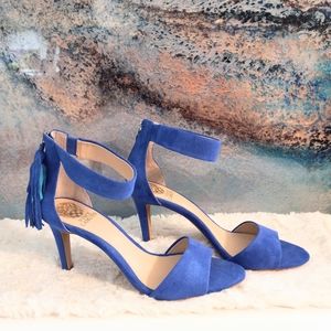 Vince Camuto Electric Blue Suede Heeled Sandles with Ankle Tassel Size 10M